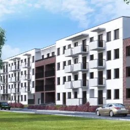 Wizualizacja budynku mieszkalnego wielorodzinnego z częścią usługową w parterze i garażem podziemnym w Warszawie, z widocznymi balkonami i dwoma samochodami na parkingu.