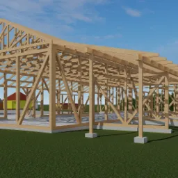 Wizualizacja 3D szkieletu drewnianej hali z widocznymi elementami konstrukcyjnymi, fundamentem i otoczeniem z budynkami i drzewami na tle błękitnego nieba.