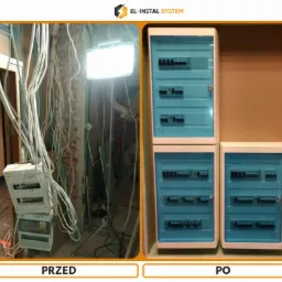 Porównanie stanu instalacji elektrycznej przed i po remoncie: splątane kable i skrzynki bezpiecznikowe PRZED, uporządkowane, nowe skrzynki z bezpiecznikami z niebieskimi drzwiczkami PO.