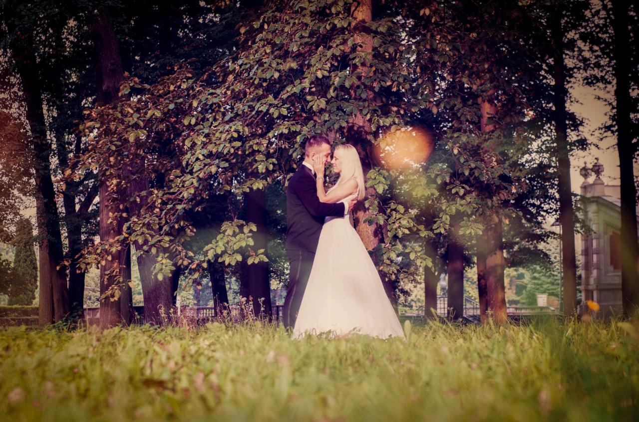 Para młoda w objęciach na tle drzew w parku, panna młoda w białej sukni, pan młody w ciemnym garniturze, delikatne światło słoneczne przebija przez liście.