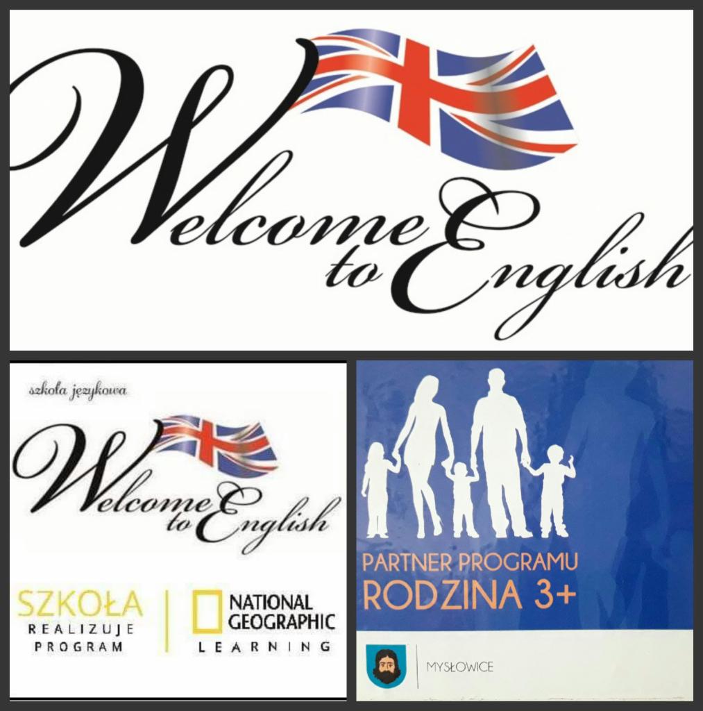 Kompozycja trzech elementów graficznych: logo szkoły językowej 'Welcome to English' z flagą Wielkiej Brytanii, identyczne logo z dopiskiem 'szkoła językowa' oraz logo programu 'Rodzina 3+'...