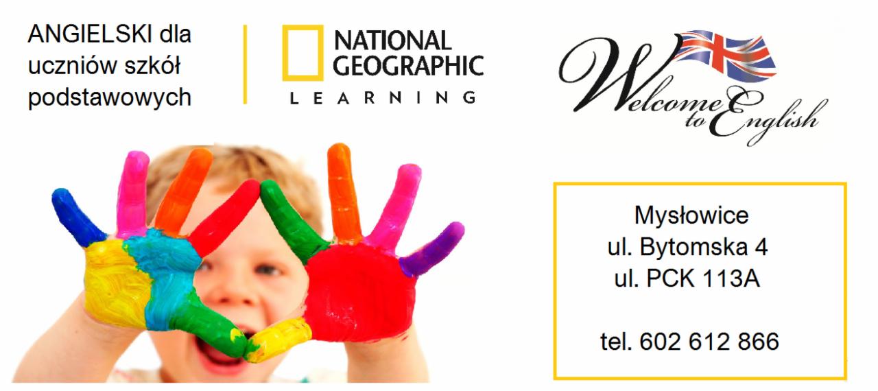 Reklama szkoły językowej dla dzieci: uśmiechnięty chłopiec pokazuje pomalowane kolorowo dłonie, obok logo National Geographic Learning i adres w Mysłowicach.
