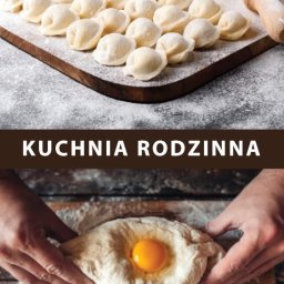 TIFLISI sp.zo.o. - Ręcznie robione pierogi na desce, obok wałek. Na dole ciasto z jajkiem. Całość w jasnej tonacji, posypane mąką.