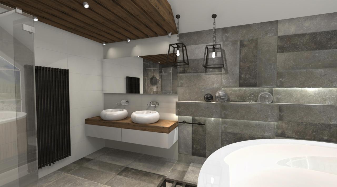 Nowoczesna łazienka z drewnianym sufitem, szarą kamienną ścianą i białymi umywalkami nablatowymi.