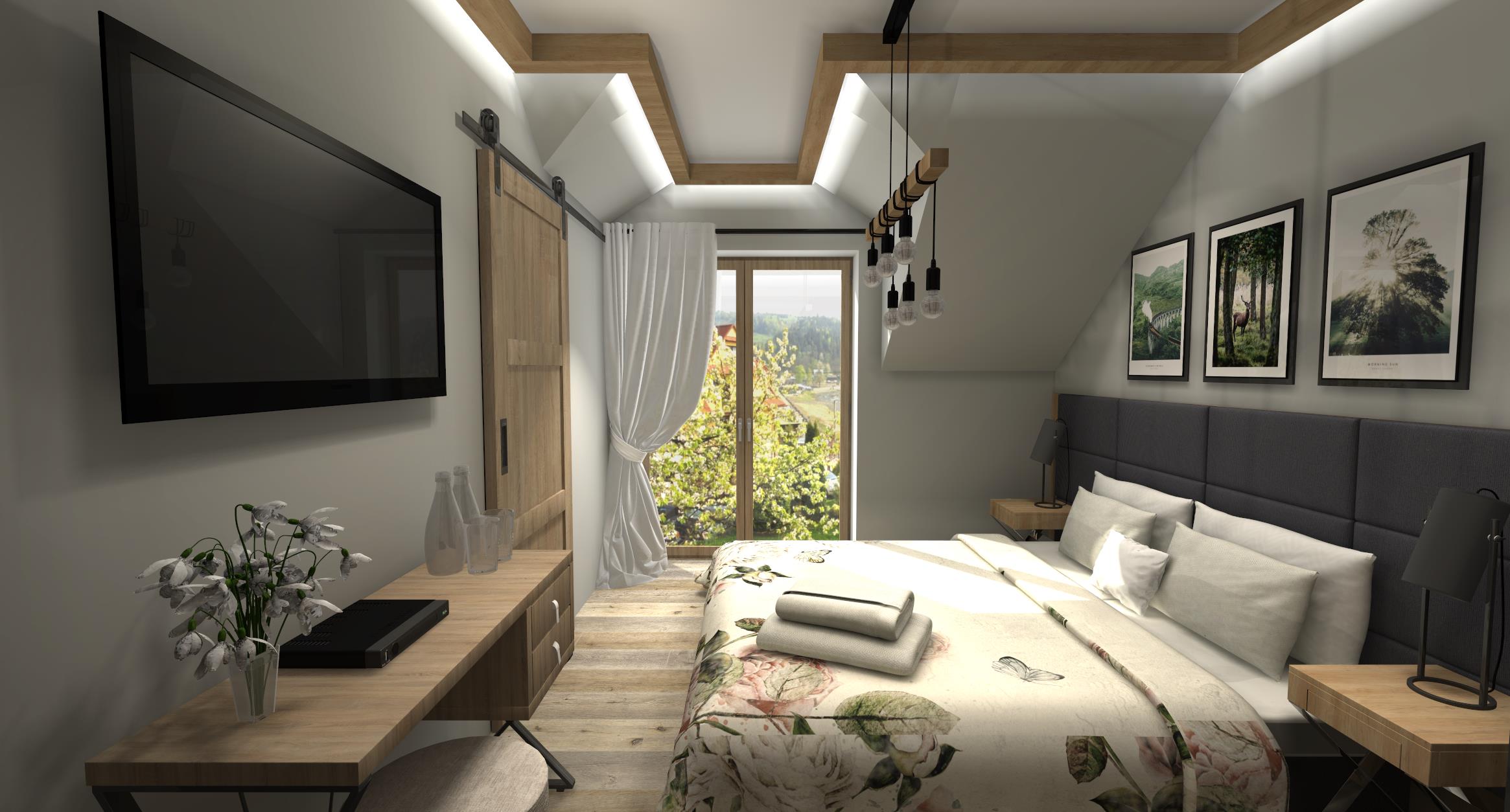 Wizualizacja sypialni na poddaszu z drewnianymi belkami, przesuwnymi drzwiami do garderoby i widokiem na zieleń za oknem.