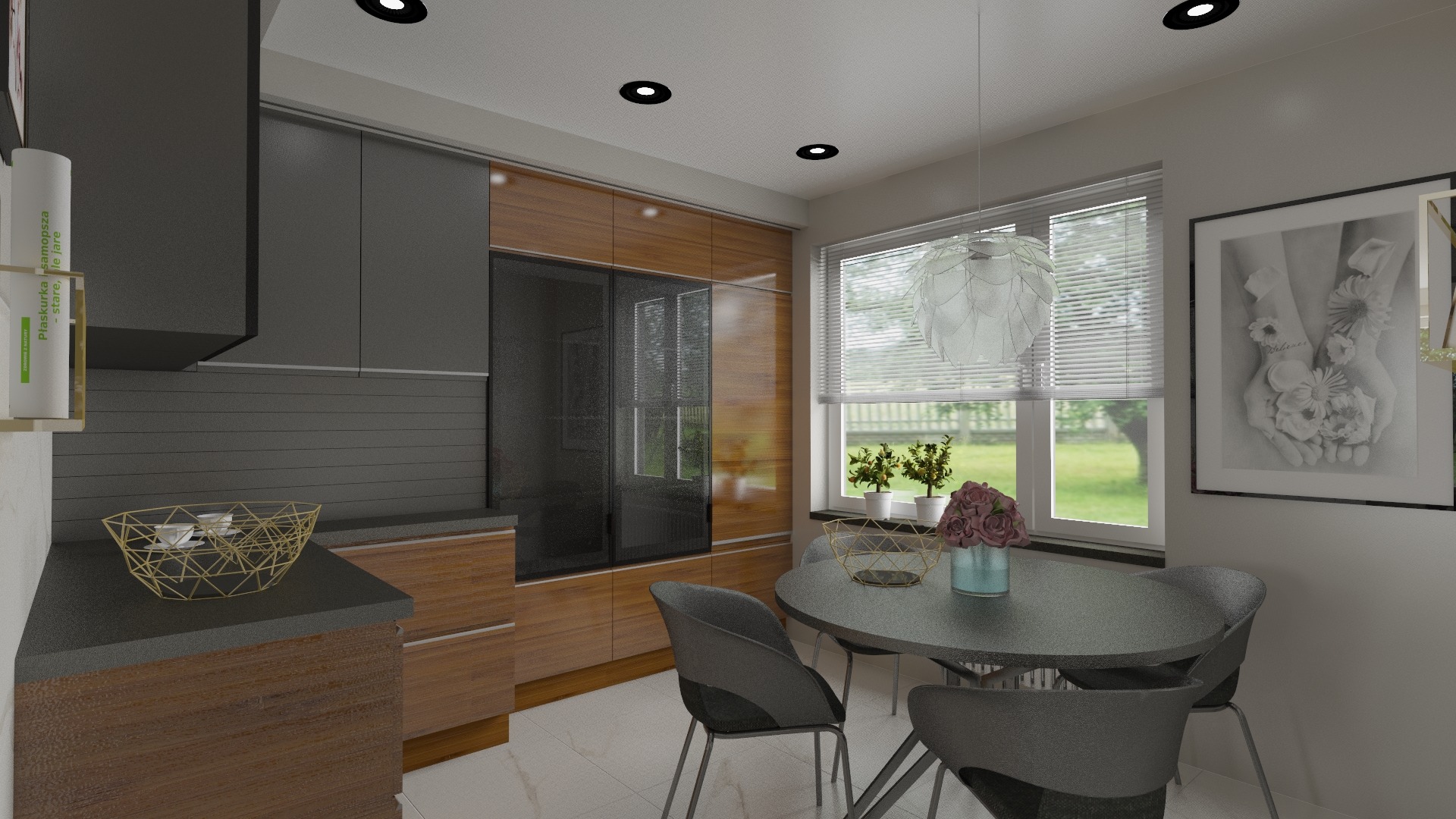 Wizualizacja kuchni z jadalnią: szare szafki, drewniane akcenty, okrągły stół z szarymi krzesłami, dekoracje roślinne i grafika na ścianie.