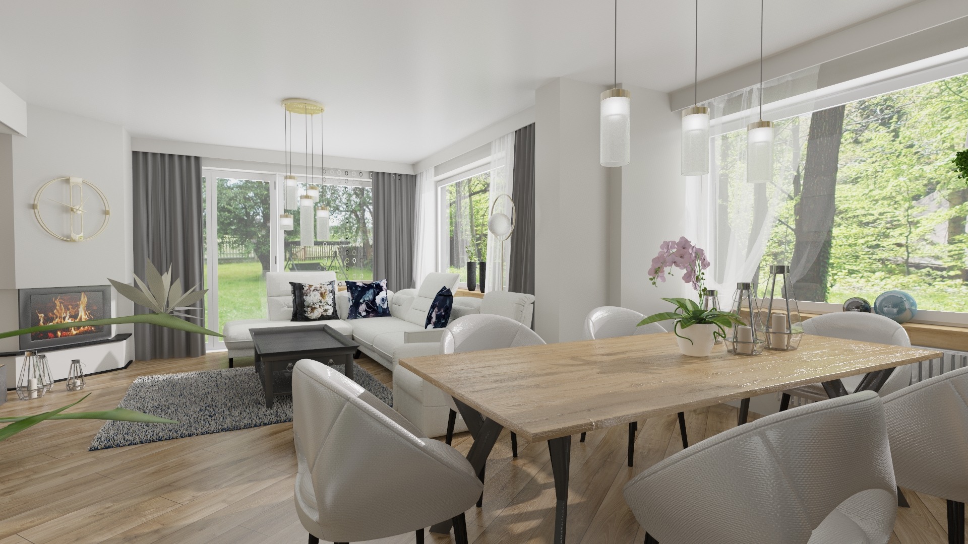 Jasne, przestronne wnętrze salonu z jadalnią w Cieszynie. Widoczny biały narożnik, drewniany stół z białymi krzesłami, kominek i duże okna z widokiem na zieleń.