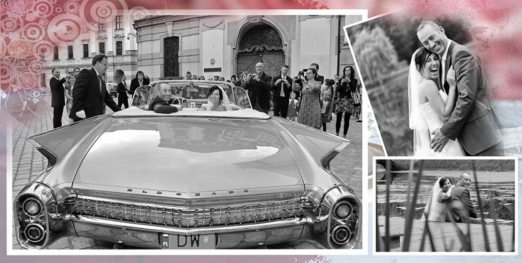 Czarno-biała kompozycja fotograficzna: para młoda w kabriolecie, tłum gości z aparatami w tle, ujęcia portretowe pary w sukni ślubnej i garniturze.