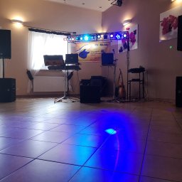 Mr. Music - Scena z nagłośnieniem i oświetleniem przygotowana do występu, widoczny baner reklamowy z nazwą 'Mr. Music' i informacjami kontaktowymi, gitara oparta o statyw. Podłoga oświetlona niebieskim światłem.