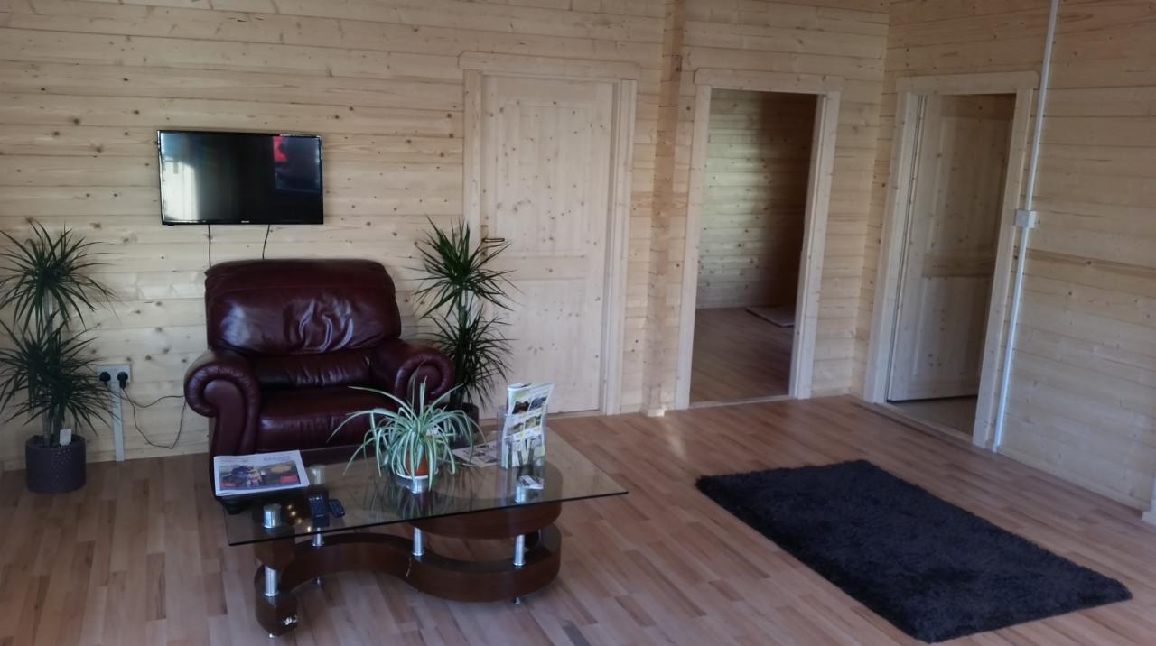 Wnętrze salonu w drewnianym domu z bali: skórzany fotel, szklany stolik kawowy, telewizor na ścianie i rośliny doniczkowe.