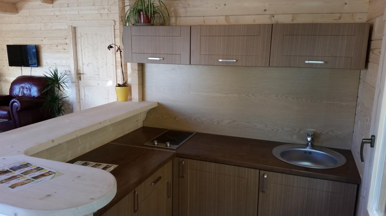 Wnętrze domku z bali: drewniana zabudowa kuchenna z blatem, zlewozmywakiem i płytą grzewczą, nad którą wiszą szafki, a obok stoi wysoki barek, w tle widać skórzany fotel i telewizor.