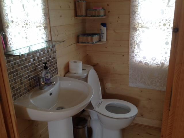 Łazienka w domu z bali: biała umywalka na postumencie, toaleta, drewniane ściany, mozaika nad umywalką, półki z akcesoriami, okno z wzorzystą zasłoną.