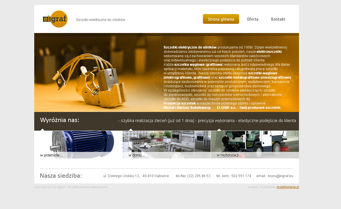 Szczotki elektryczne do silników, prezentowane na stronie internetowej firmy z Piekar Śląskich, z widocznymi detalami technicznymi i opisem oferty.