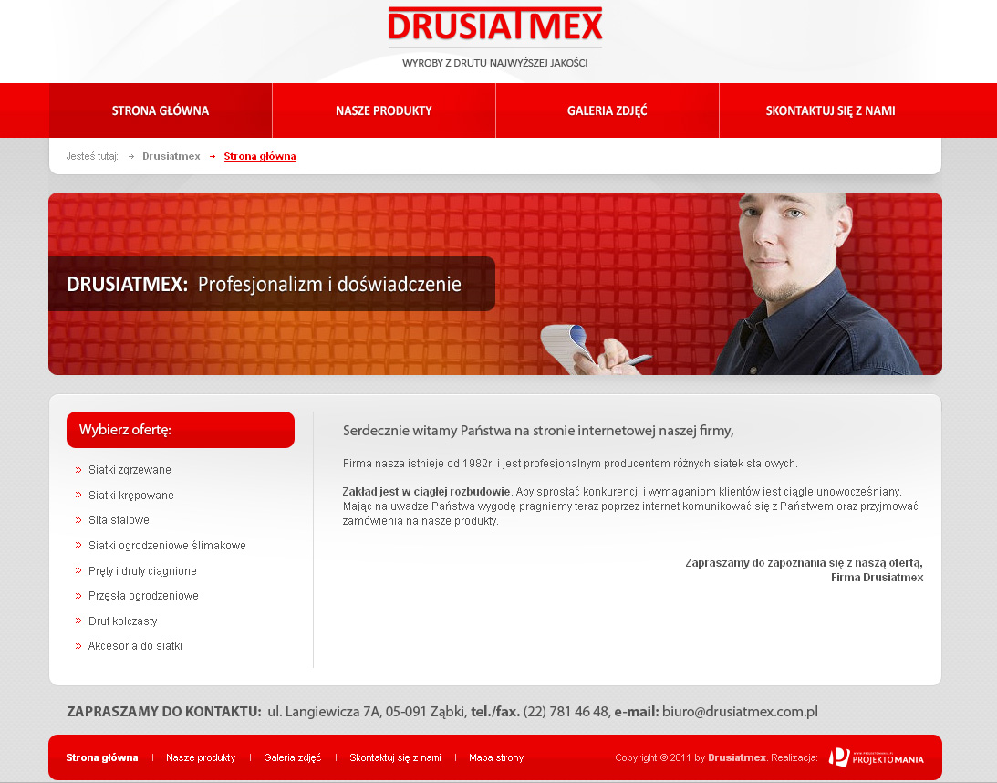 Strona internetowa firmy Drusiatmex z nagłówkiem prezentującym profesjonalistę z notatnikiem, sugerująca ofertę promocyjną stron WWW.