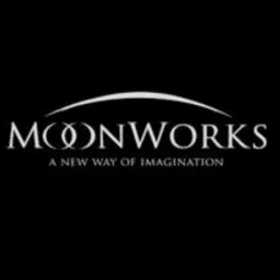Logo firmy MoonWorks z hasłem 'A new way of imagination' na czarnym tle.