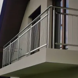 Balkon z nowoczesną, chromowaną balustradą ze stali nierdzewnej, z widoczną elewacją budynku i fragmentem dachu