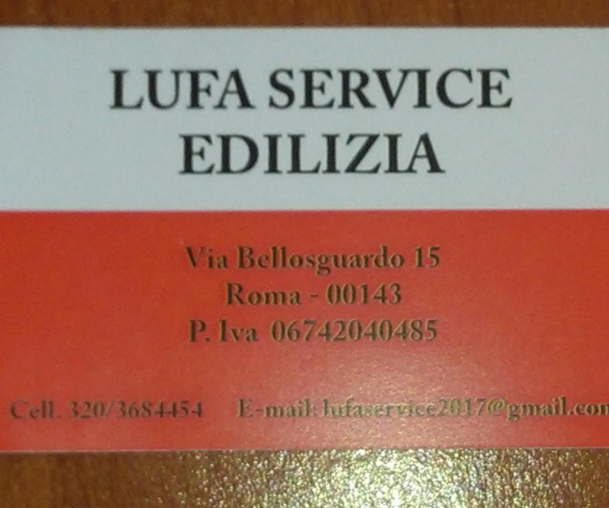 Zdjęcie wizytówki firmy LUFA SERVICE EDILIZIA z adresem Via Bellosguardo 15, Roma, numerem telefonu i adresem e-mail.