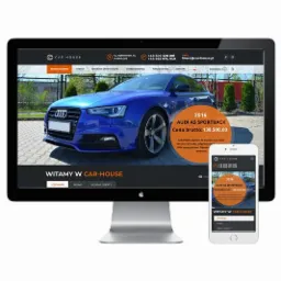 Responsywna strona internetowa firmy Car House prezentowana na monitorze iMac oraz smartfonie, z widocznym zdjęciem Audi A5 Sportback i informacją o cenie.