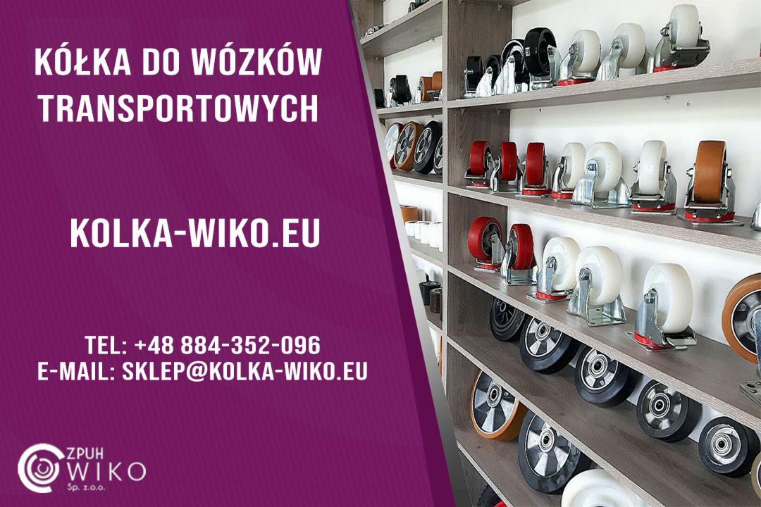 Regał z różnymi rodzajami kółek do wózków transportowych, widoczne kółka białe, czarne, czerwone oraz brązowe, z różnymi mocowaniami, na tle reklamy firmy Kolka-Wiko.eu.