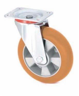 Kółko obrotowe przemysłowe z gumowym bieżnikiem w kolorze pomarańczowym i metalową felgą, mocowane na metalowej płycie, widoczne od strony bieżnika.
