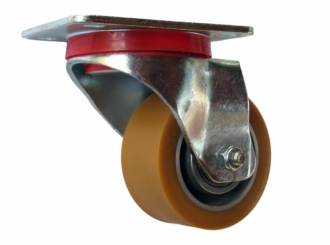 Pojedyncze kółko obrotowe z brązową gumową oponą, srebrnym metalowym mocowaniem i czerwoną gumową podkładką, widok z bliska na białym tle.