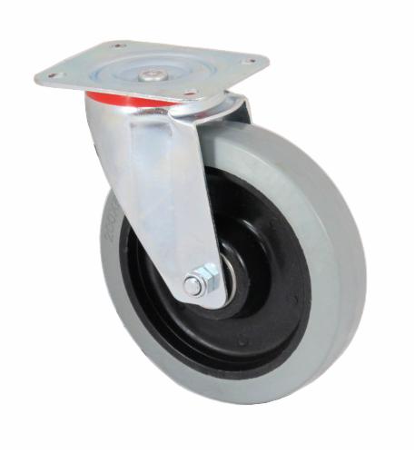 Pojedyncze kółko do wózka transportowego z szarą gumową oponą, czarnym środkiem i srebrną metalową obudową z czerwoną podkładką, sfotografowane na białym tle.