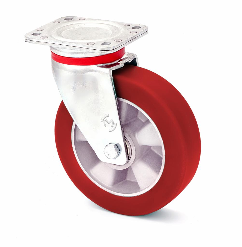 Pojedyncze kółko przemysłowe z czerwonym bieżnikiem poliuretanowym i srebrną felgą, mocowane do kwadratowej płytki montażowej z otworami na śruby.