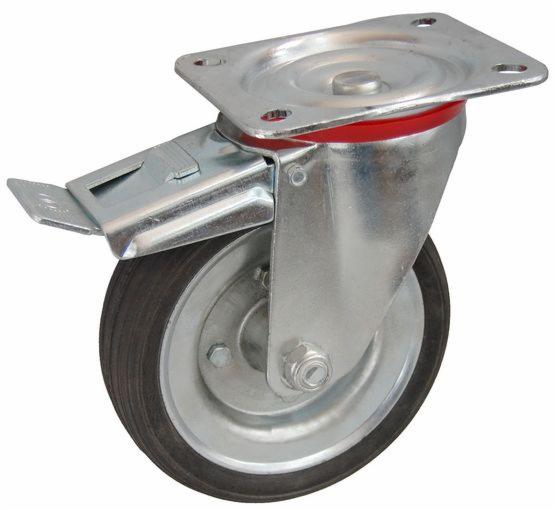 Pojedyncze kółko obrotowe z hamulcem, stalowa konstrukcja z czarną gumową oponą i czerwonym elementem amortyzującym.