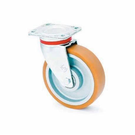 Pojedyncze kółko do wózka paletowego z pomarańczową oponą i srebrną felgą, widoczne mocowanie z czterema otworami na śruby.