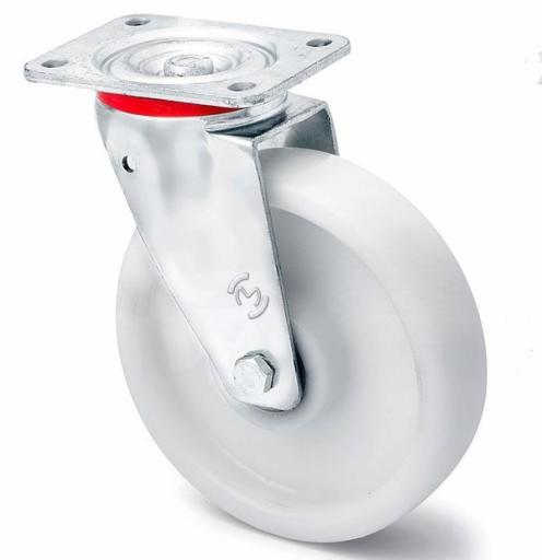 Pojedyncze, białe koło do wózka paletowego z metalowym mocowaniem, oferowane w Chełm Śląski, widoczne z boku na białym tle.