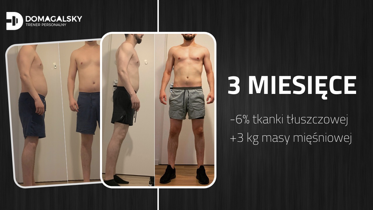 Mężczyzna przed i po 3-miesięcznej przemianie sylwetki, prezentacja wizualnych efektów treningu personalnego z informacją o redukcji tkanki tłuszczowej i przyroście masy mięśniowej.