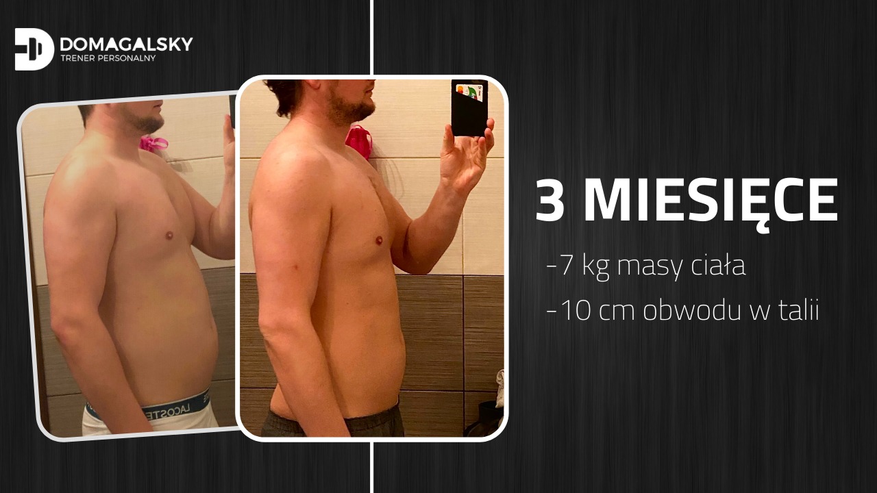 Mężczyzna prezentujący efekty 3-miesięcznej metamorfozy sylwetki: utrata 7 kg masy ciała i 10 cm w obwodzie talii, widoczne porównanie sylwetki przed i po na tle łazienki.