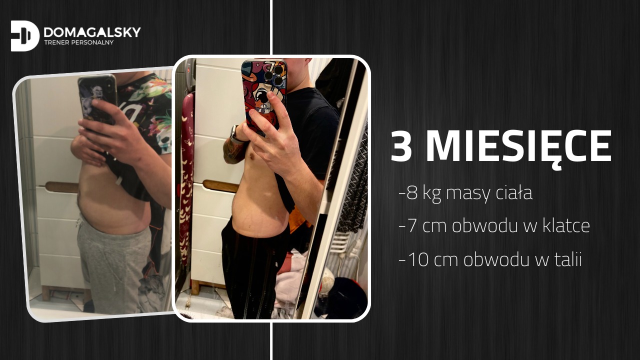 Porównanie sylwetki mężczyzny przed i po 3 miesiącach treningu, widoczna redukcja wagi i obwodów, zdjęcia robione w lustrze z użyciem telefonu.