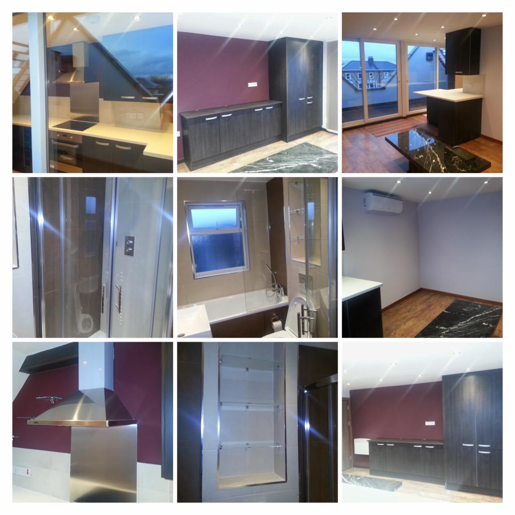 Kolaż zdjęć z remontu mieszkania w Trzydniku Dużym: kuchnia z nowoczesnym okapem, łazienka z kabiną prysznicową i wanną, oraz pokój z ciemnymi meblami i marmurowym dywanem.