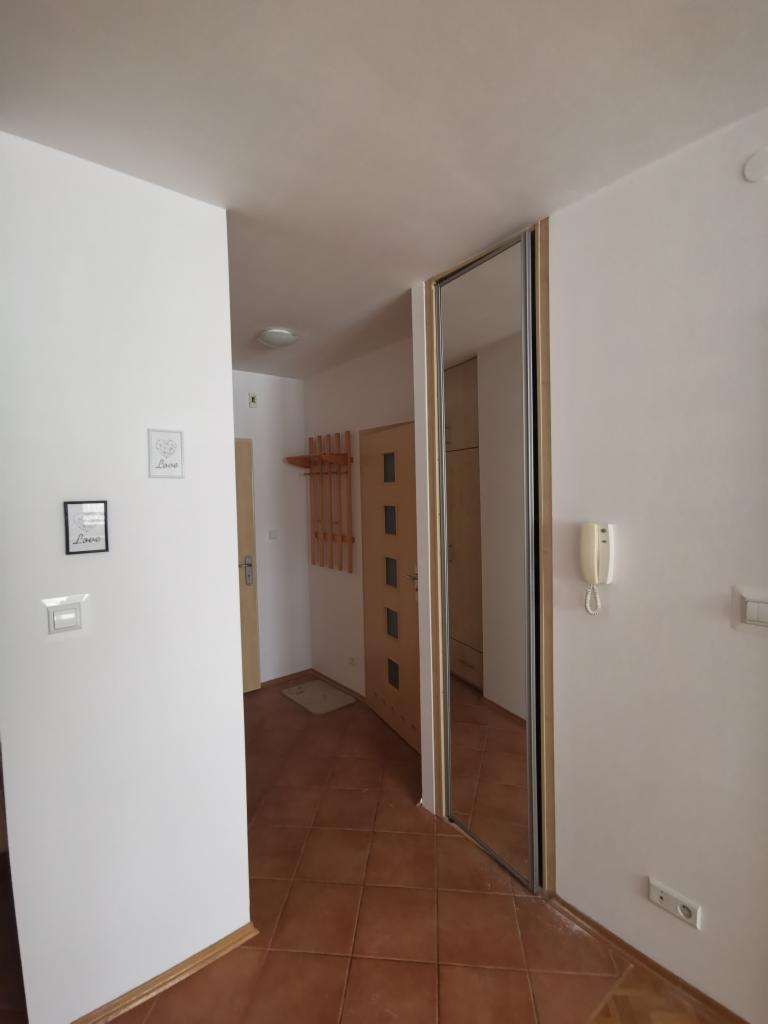 Wnętrze przedpokoju z brązową terakotą, białymi ścianami, lustrzanymi drzwiami przesuwnymi, wieszakiem na ubrania i dekoracjami ściennymi.