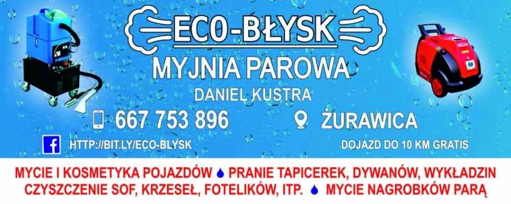 Reklama myjni parowej Eco-Błysk Daniela Kustry z Żurawicy, oferującej pranie tapicerek, dywanów, wykładzin oraz mycie nagrobków parą, z ilustracjami sprzętu do czyszczenia i numerem telefonu.