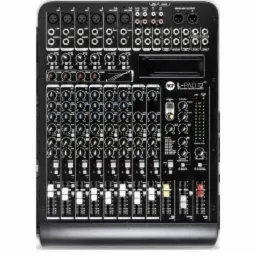 Czarny mikser audio RCF L-PAD 12 z wieloma wejściami, potencjometrami i suwakami, widok z góry, wyraźne oznaczenia.