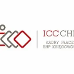 Logo firmy ICC CHR z elementami graficznymi przypominającymi nakładające się kartki w kolorach szarym i czerwonym, pod napisem 'KADRY PŁACE BHP KSIĘGOWOŚĆ'.