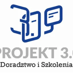 Logo firmy Projekt 3.0, oferującej doradztwo i szkolenia, z abstrakcyjnym symbolem graficznym powyżej nazwy.