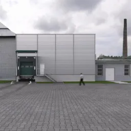 Wizualizacja zewnętrzna hali przemysłowej z dokiem załadunkowym, widok na elewację z szarej blachy trapezowej, obok budynek z cegły i wysoki komin w tle.