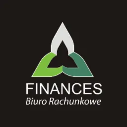 Logo firmy 'FINANCES Biuro Rachunkowe' z abstrakcyjnym symbolem w odcieniach zieleni i szarości na czarnym tle.