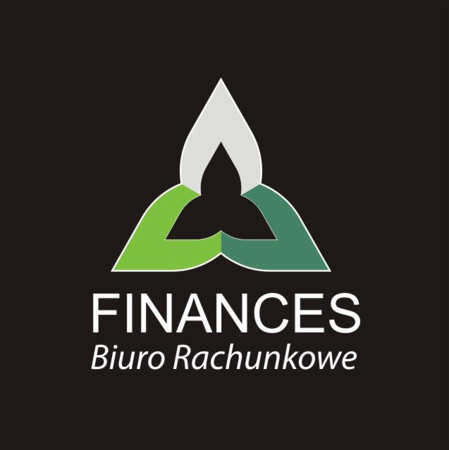 Logo firmy 'FINANCES Biuro Rachunkowe' z abstrakcyjnym symbolem w odcieniach zieleni i szarości na czarnym tle.