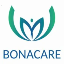 Logo firmy Bonacare, stylizowane na kwiat lotosu w odcieniach zieleni i błękitu, z sylwetką człowieka w centrum.