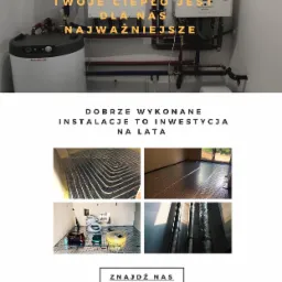 Kolaż zdjęć prezentujący instalację grzewczą, w tym rozłożone rury ogrzewania podłogowego na siatce, widok na gotową podłogę z ogrzewaniem, oraz kotły grzewcze i zbiornik na wodę w pomieszczeniu.