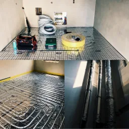 Rozłożona mata grzewcza na podłodze z narzędziami i rurami, widoczne detale instalacji w surowym pomieszczeniu.