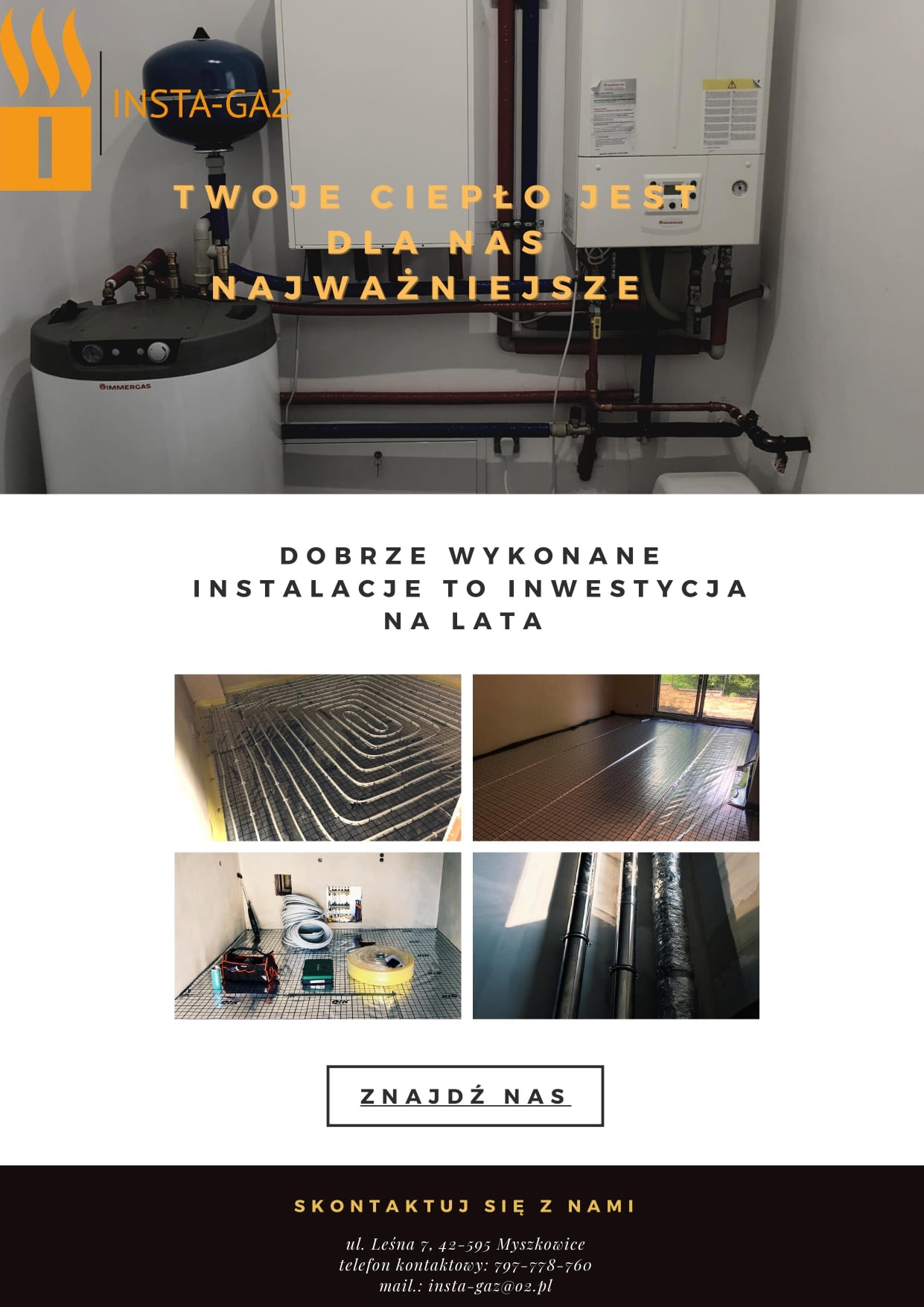 Kolaż zdjęć prezentujący instalację grzewczą, w tym rozłożone rury ogrzewania podłogowego na siatce, widok na gotową podłogę z ogrzewaniem, oraz kotły grzewcze i zbiornik na wodę w pomieszczeniu.