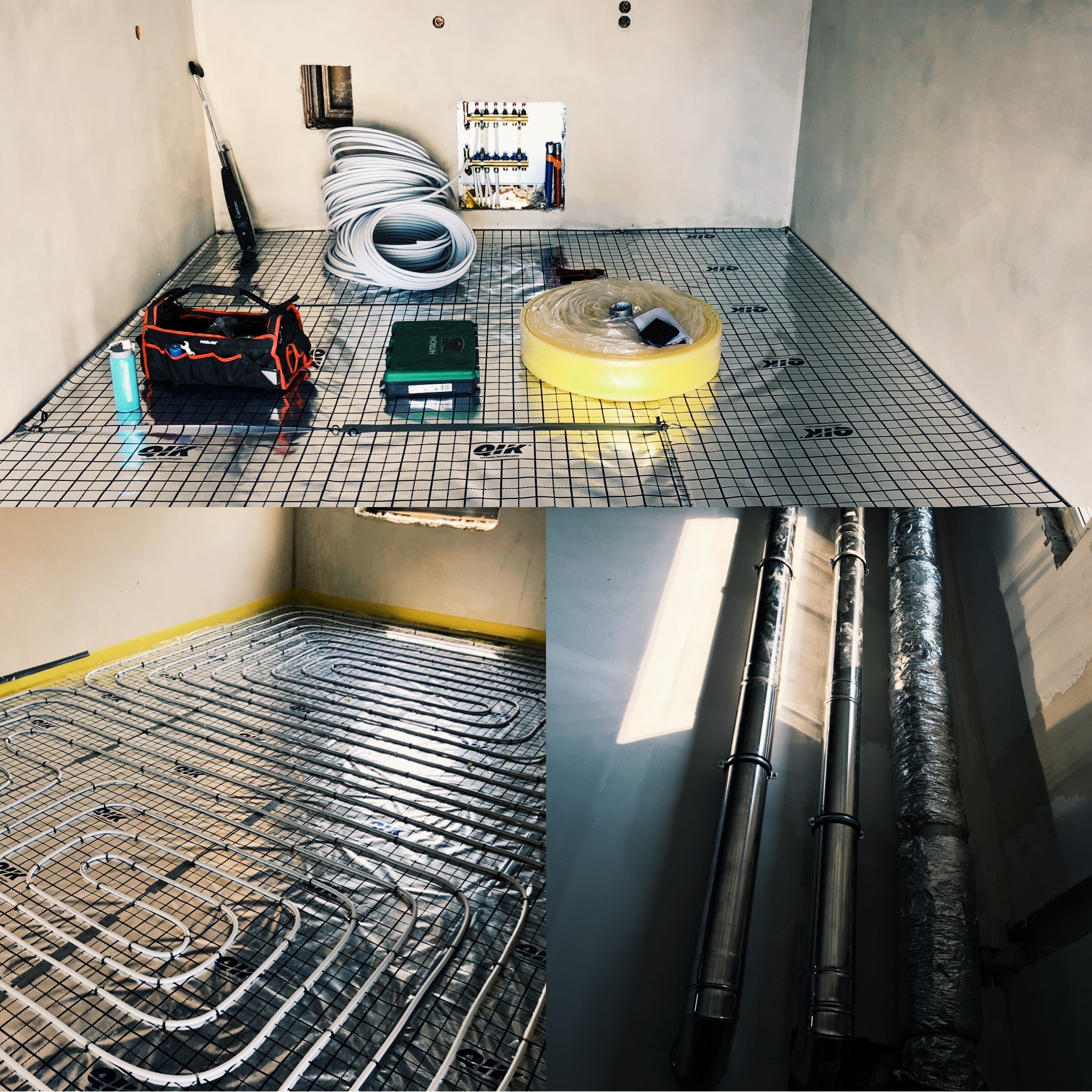 Rozłożona mata grzewcza na podłodze z narzędziami i rurami, widoczne detale instalacji w surowym pomieszczeniu.