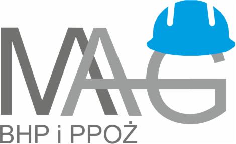 Szaro-białe logo firmy z niebieskim kaskiem budowlanym w prawym górnym rogu.