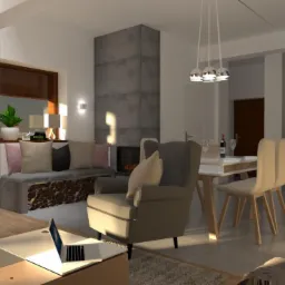 Wizualizacja salonu z betonową ścianą, kominkiem, narożną kanapą z poduszkami, drewnianą podłogą i stołem jadalnym z krzesłami w stylu skandynawskim, oświetlonym trzema wiszącymi lampami.