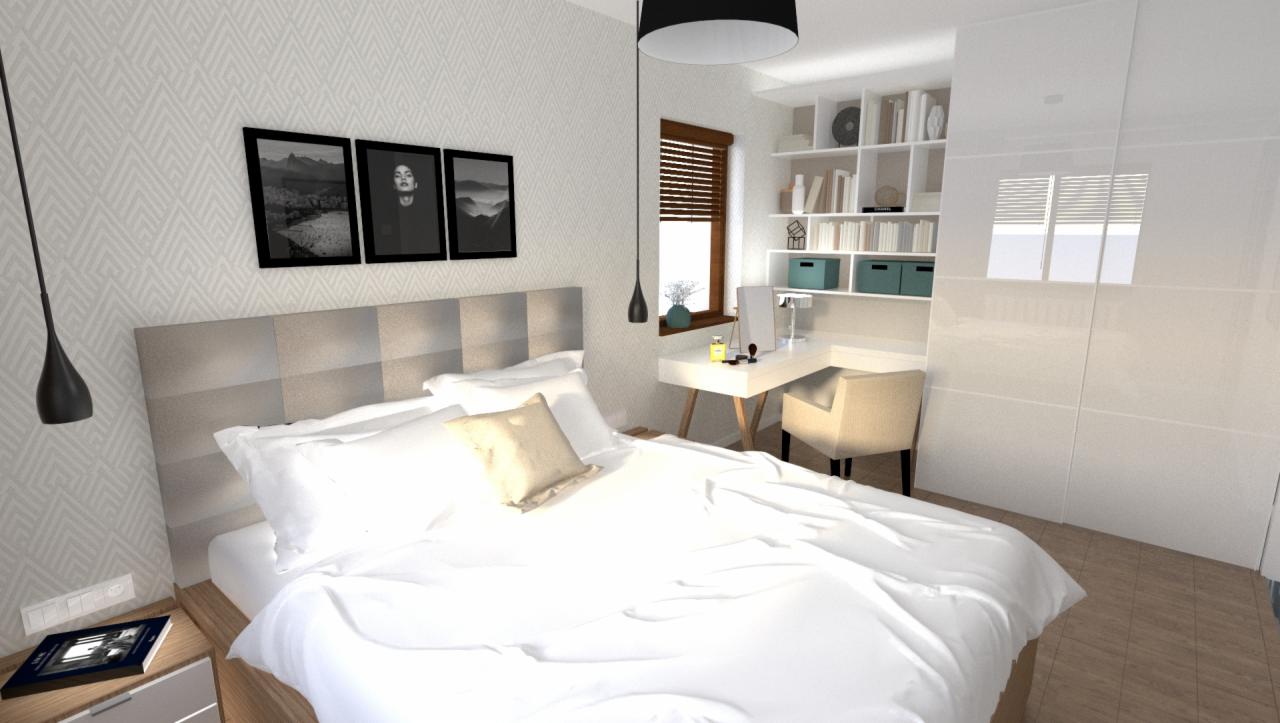 Jasna sypialnia z łóżkiem, toaletką i szafą wnękową; nad łóżkiem trzy czarne obrazy w ramkach i lampa wisząca.